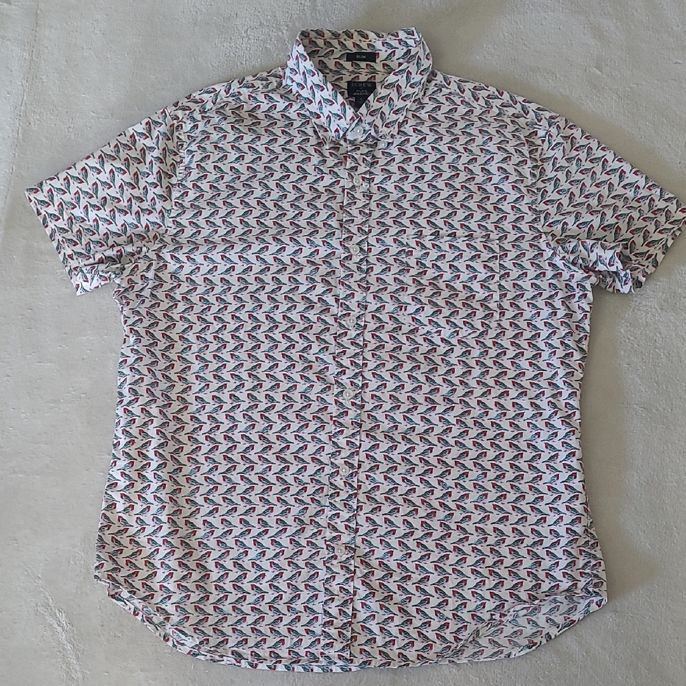 J.Crew Mens L Slim Camp Collar Bird Print Short Sleeve Button Shirt Cotton